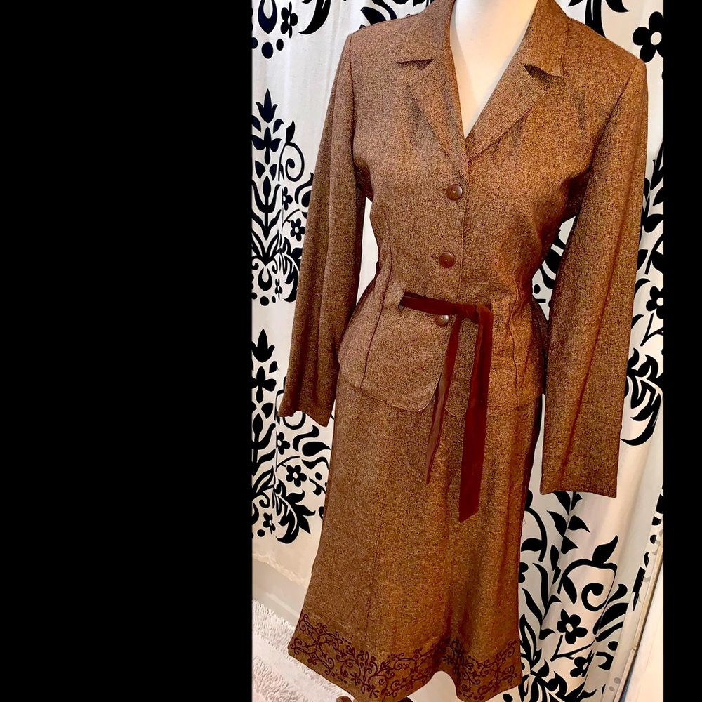 Sheri Martin Brown 3-Button Tie Front Jacket and Embroidered A-Line Skirt
